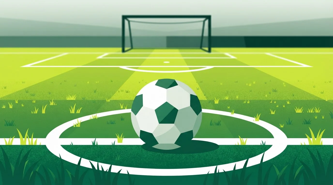 Fußball auf dem markierten Elfmeterpunkt eines geometrischen Spielfelds