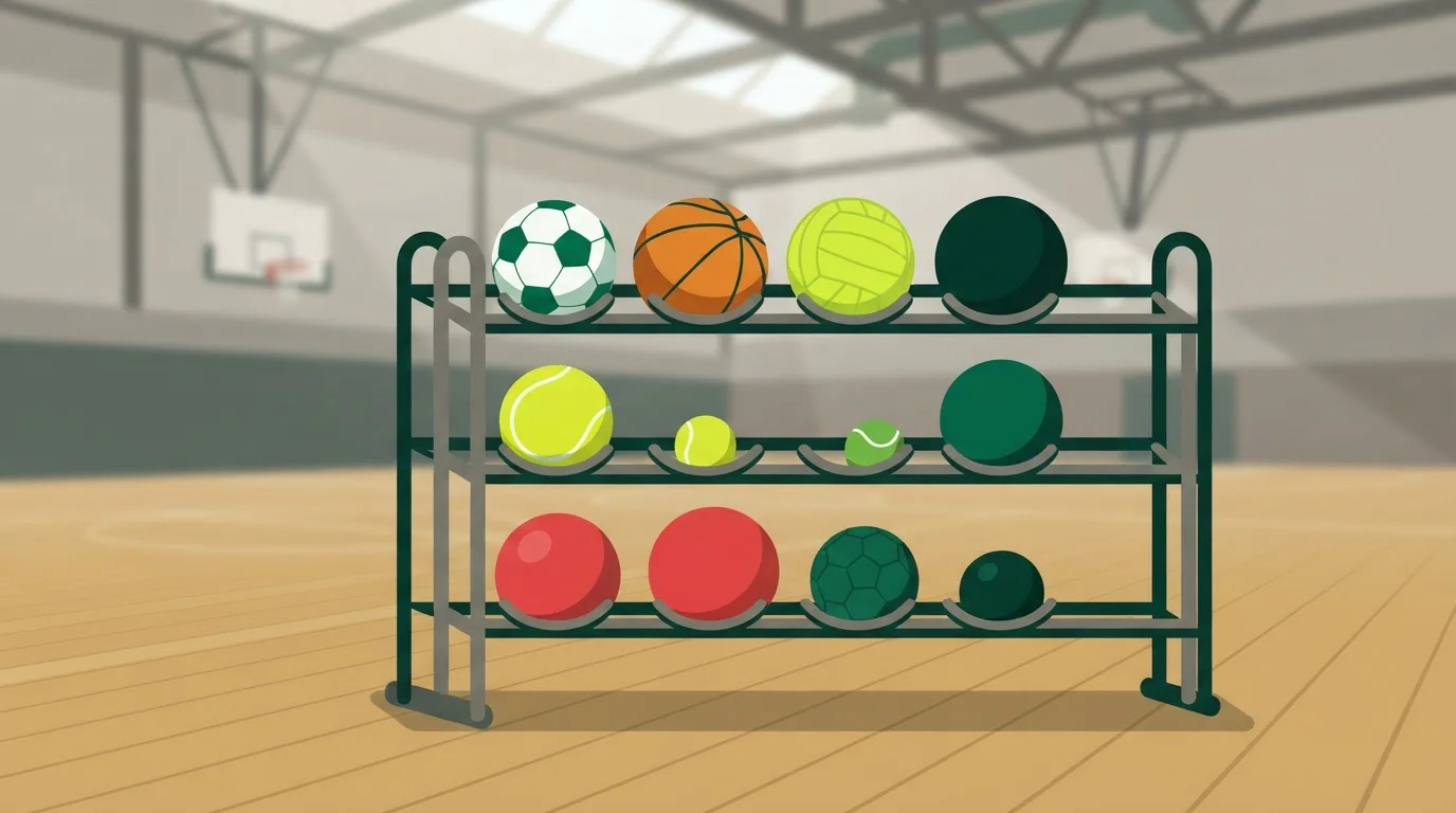 Ablage mit Fußbällen, Basketball und weiteren Sportgeräten in einer Halle