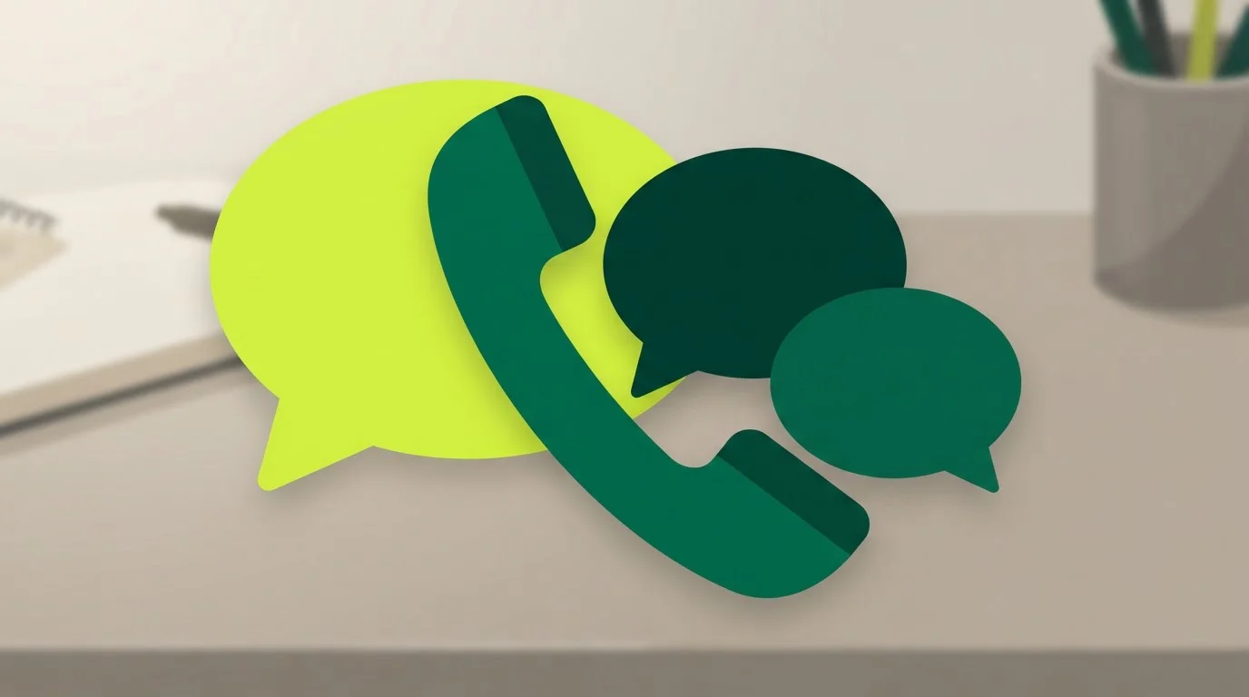 Mehrere rechteckige Sprechblasen neben einem dunklen Telefonhörer